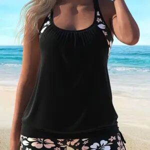 Black Floral two Piece Tank Top and Shorts Swimsuit